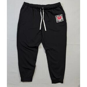 Keith Haring Black Drawstring Sweatpants Joggers XXL Heart Pockets Lounge  A28